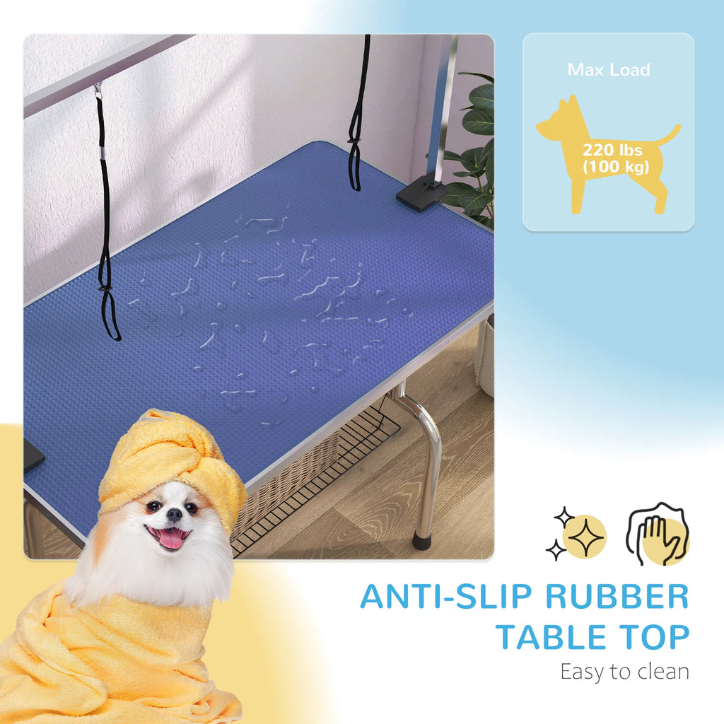 Adjustable Dog Grooming Table with 2 Safety Slings Storage Basket Blue - Image 3