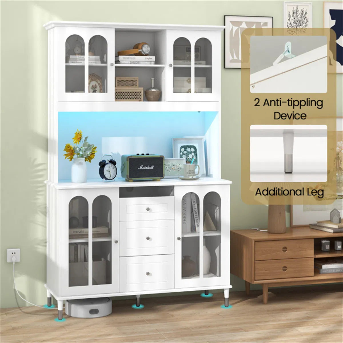 73 Inch White Kitchen Pantry Cabinet with Customizable LED Lights & Built in - Image 3