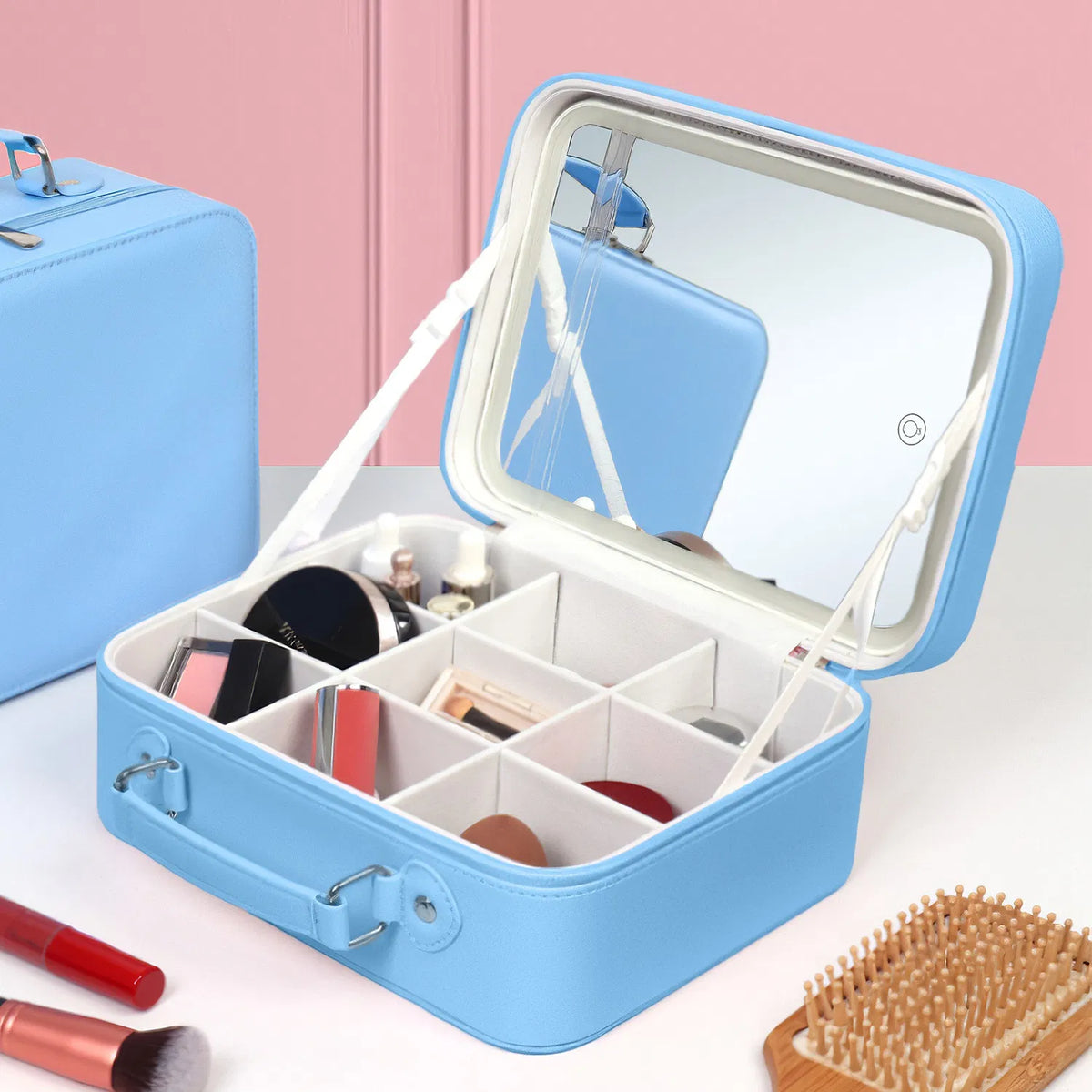 Travel Makeup Bag With 3 Light Colors Dimmable Brightness LED Mirror Detachable - Image 4