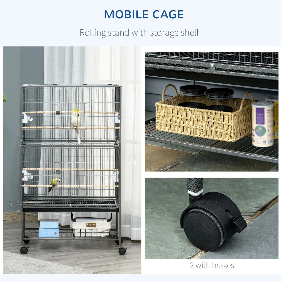 52'' Large Rolling Steel Bird Cage Bird House with Rolling Stand Storage - Image 5