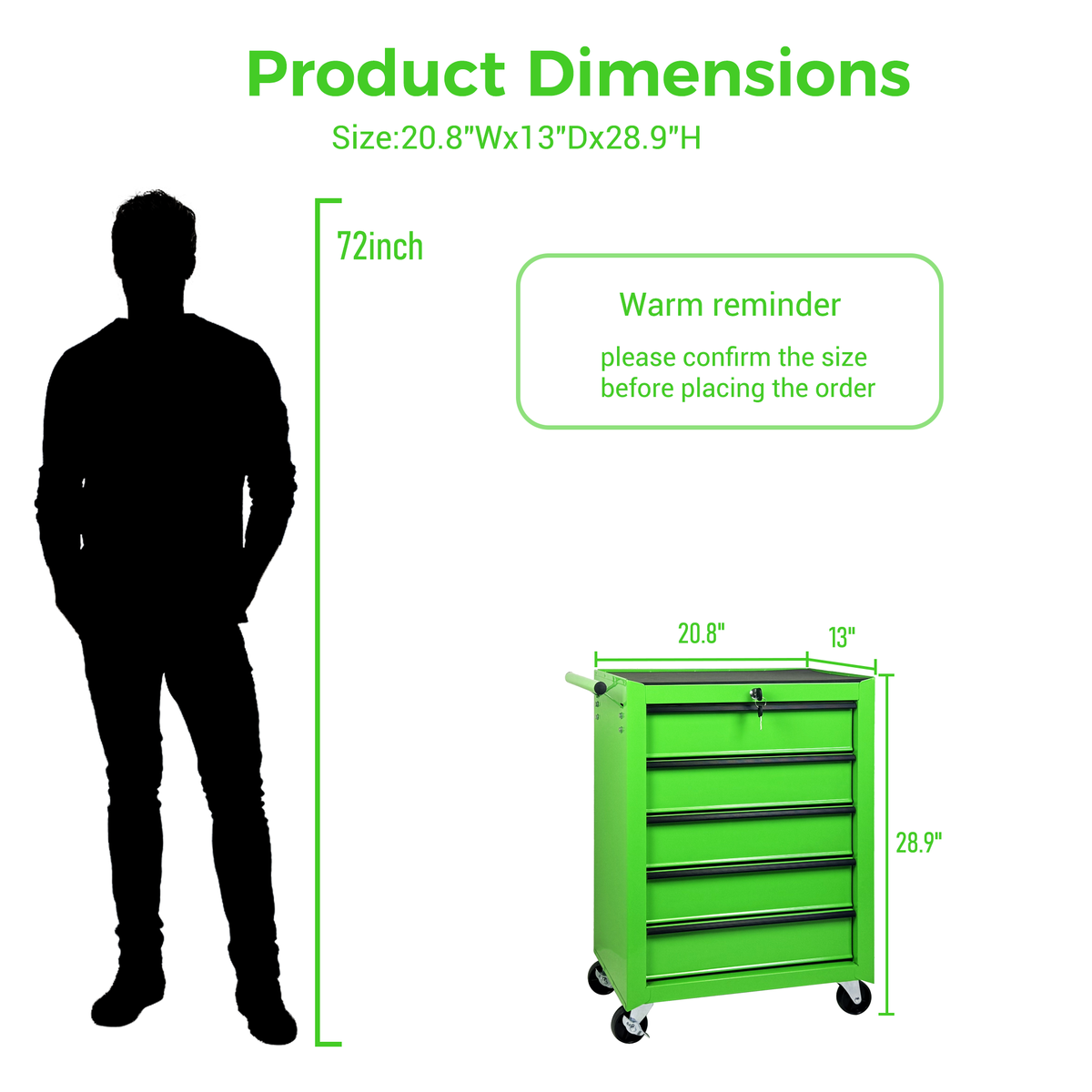 20-Inch Rolling Metal Tool Chest 5 Drawers Green Steel Garage Cabinet - Ball Bearing Slide and Wheel Detail