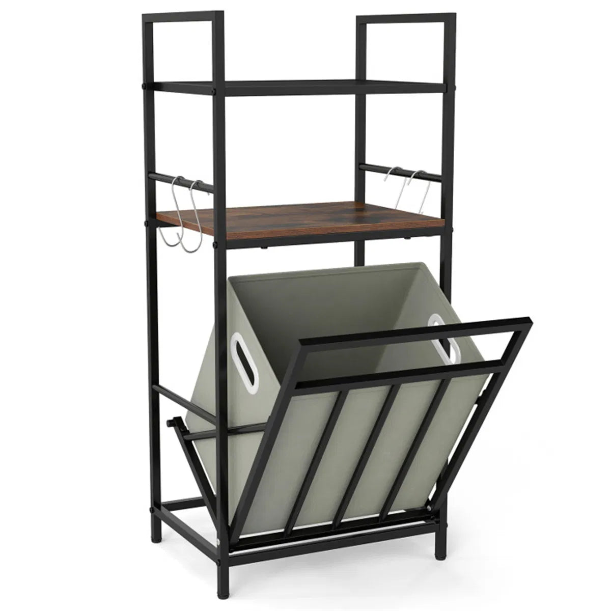 Black Rustic Brown Tilt Out Laundry Hamper Metal Engineered Wood With Shelves - Image 6
