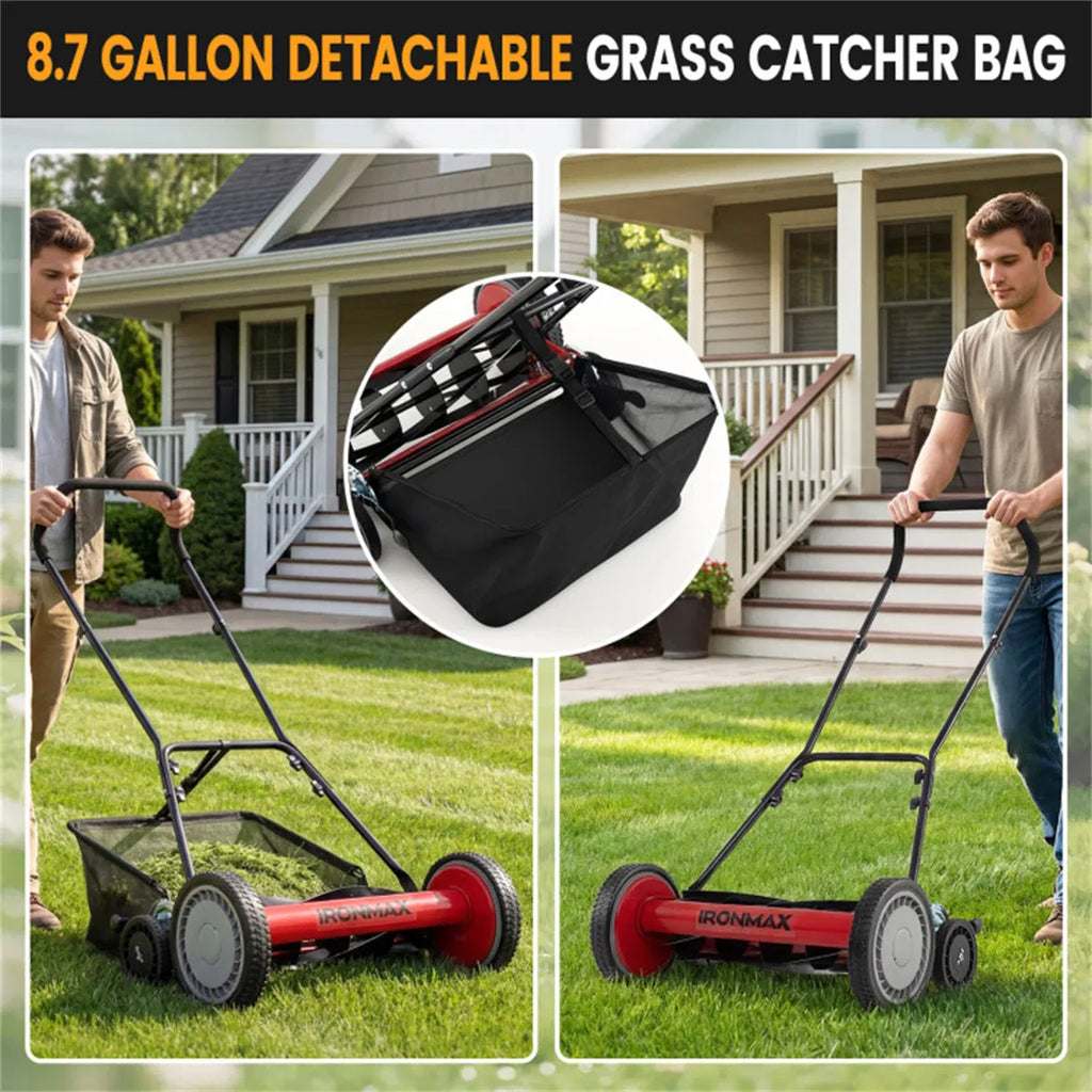 18 Inch 5 Blade Push Reel Lawn Mower with Grass Catcher Manual Walk Behind