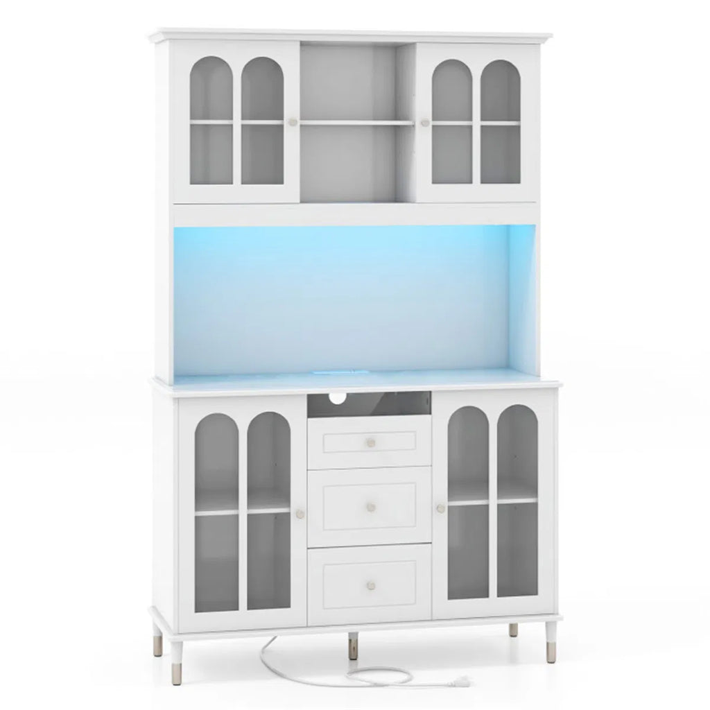 73 Inch White Kitchen Pantry Cabinet with Customizable LED Lights & Built in