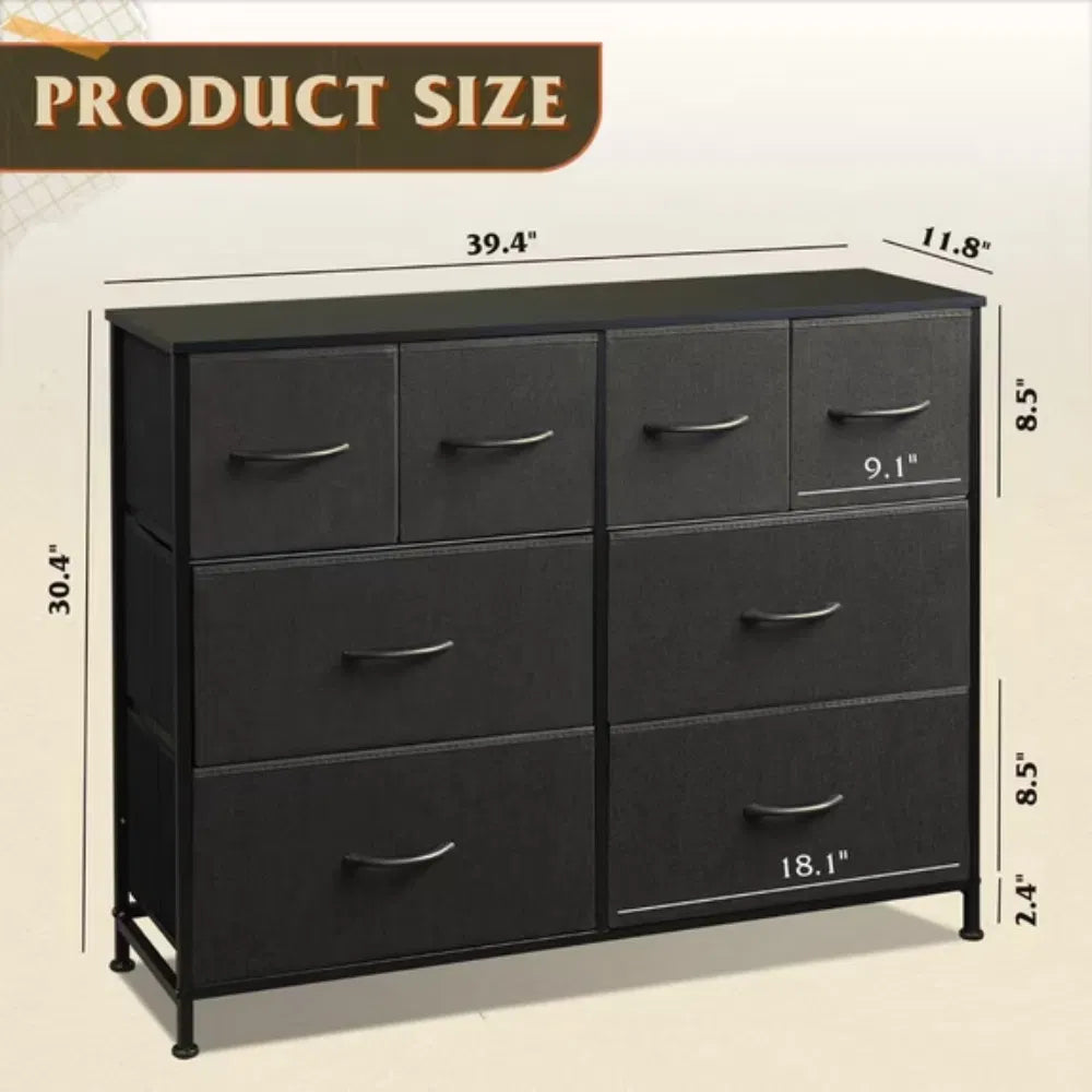 8 Drawers Fabric Cabinet Metal Frame Wide Wood TopStorageTower TV Stand Clothes