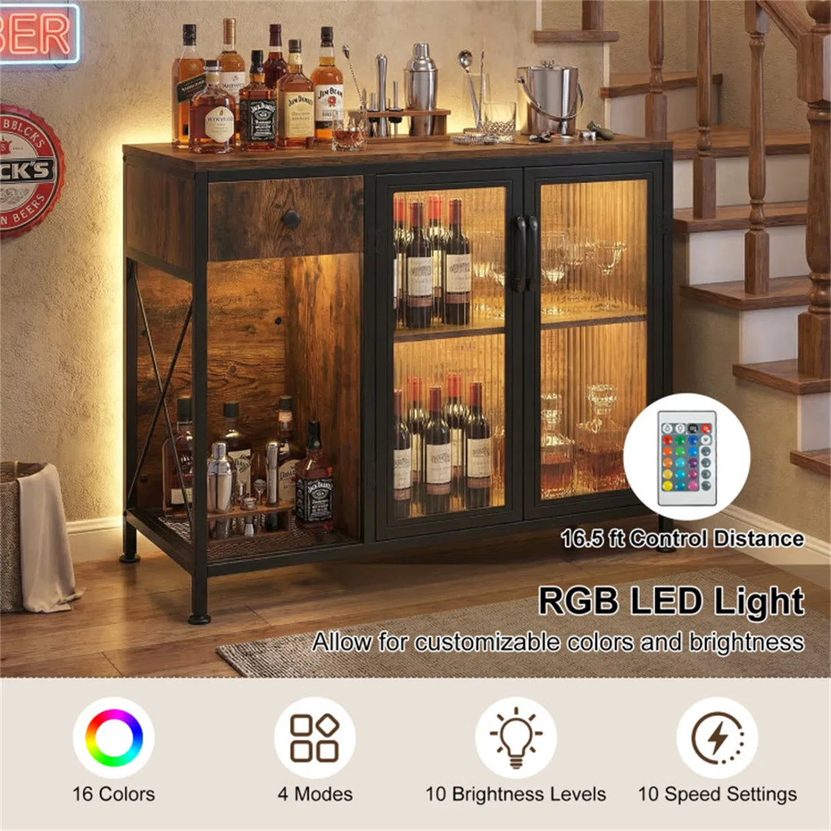 Rustic Brown Coffee Bar Table with Storage Drawer Cabinet RGB LED and Power Outlet - Image 4