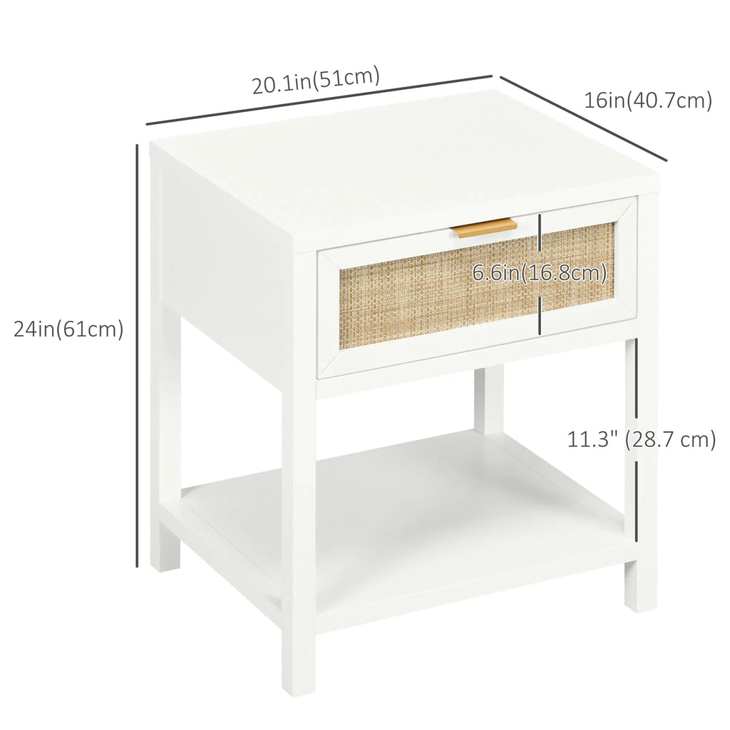 Boho Nightstand Bedside Table with Rattan Drawer and Open Shelf Side End - Image 2