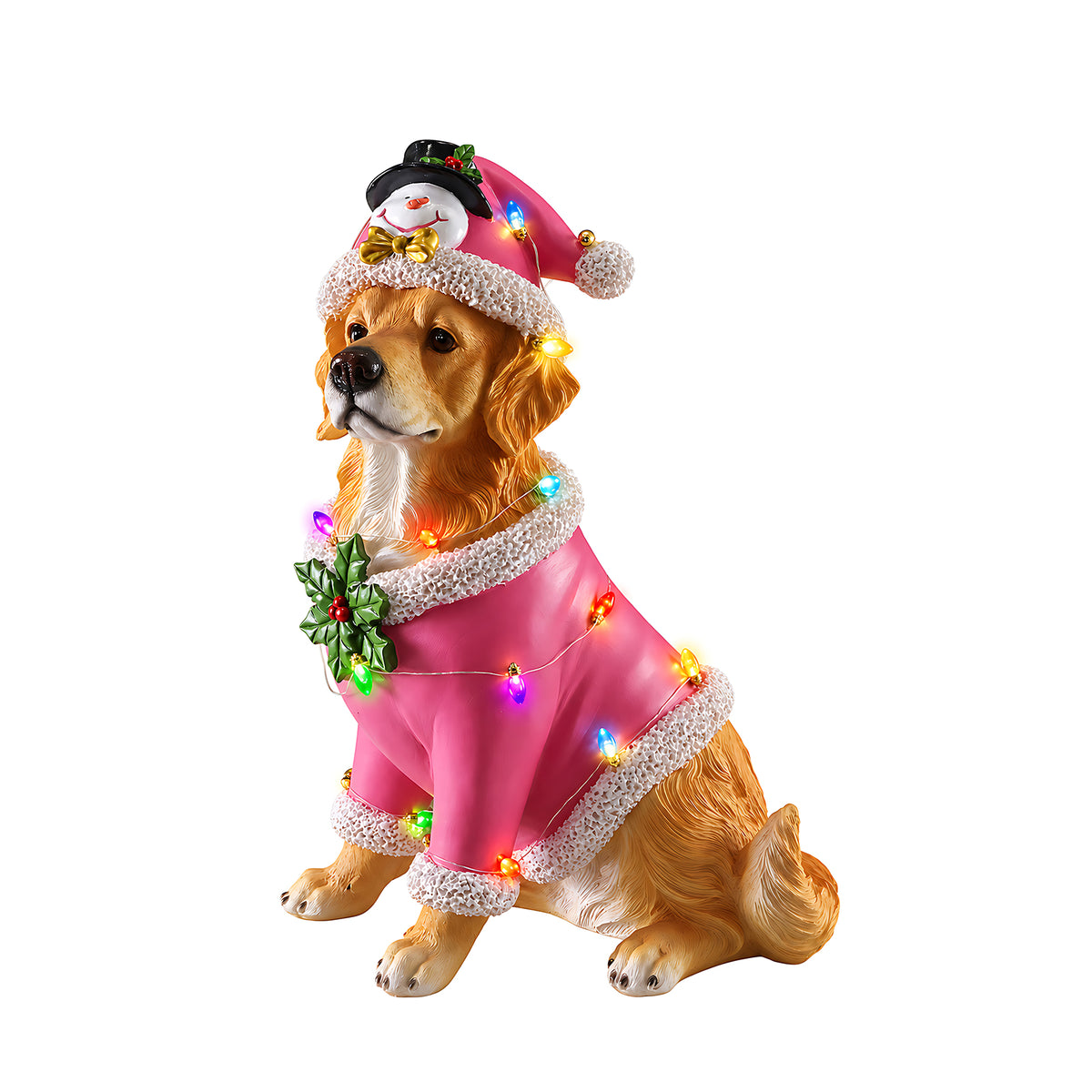 Christmas Golden Retriever Statue Holiday Dog Figurine in Pink Santa Outfit - Image 4