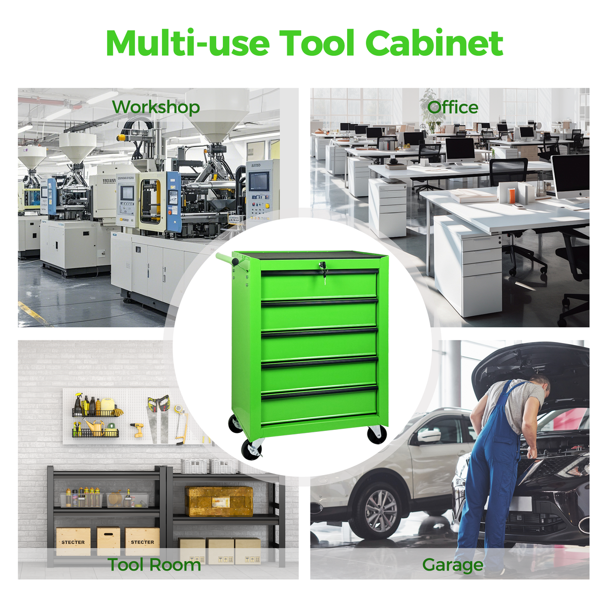 20-Inch Rolling Metal Tool Chest 5 Drawers Green Steel Garage Cabinet - Detail View 5