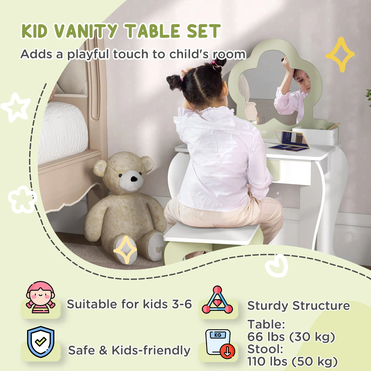 Kids Makeup Vanity Set with Stool Mirror Drawer Storage Boxes White - Image 2