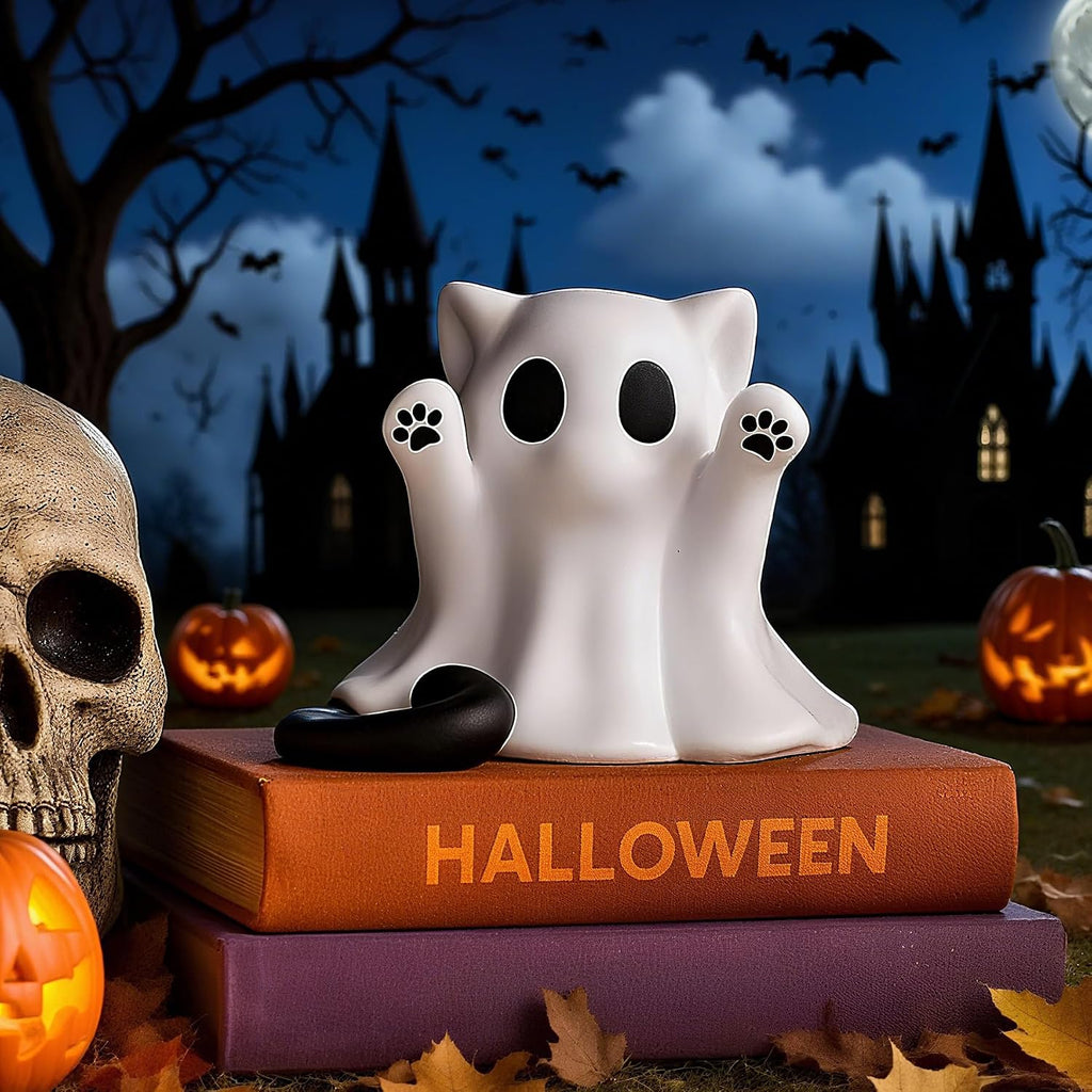 Cute Ghost Cat Figurine Halloween Mini Spooky Statue Tabletop Desk Decor Gift