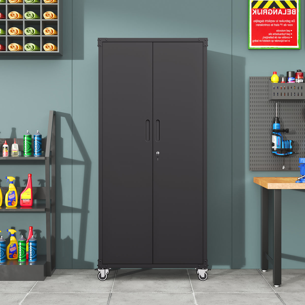 71 All Black Metal Garage Storage Cabinet With Wheels Heavy Duty Tool Storage