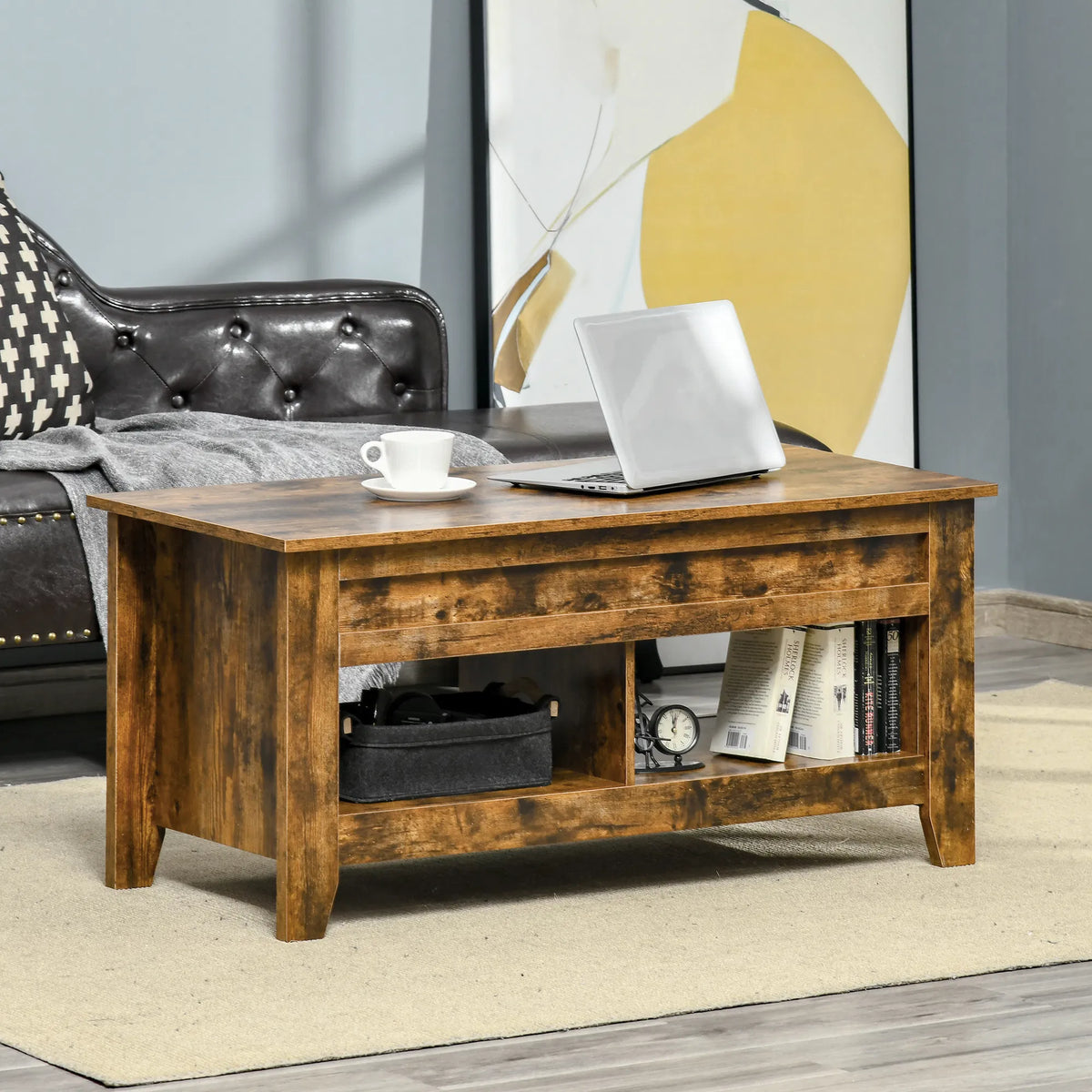 Lift Top Coffee Table with Hidden Storage Compartment and Open Shelves Lift - Image 3