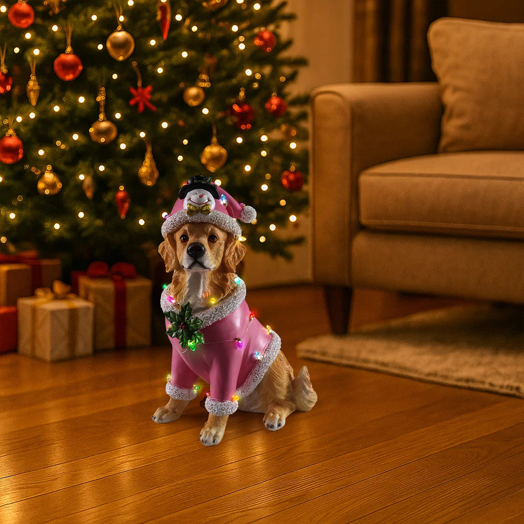 Christmas Golden Retriever Statue Holiday Dog Figurine in Pink Santa Outfit - Image 5