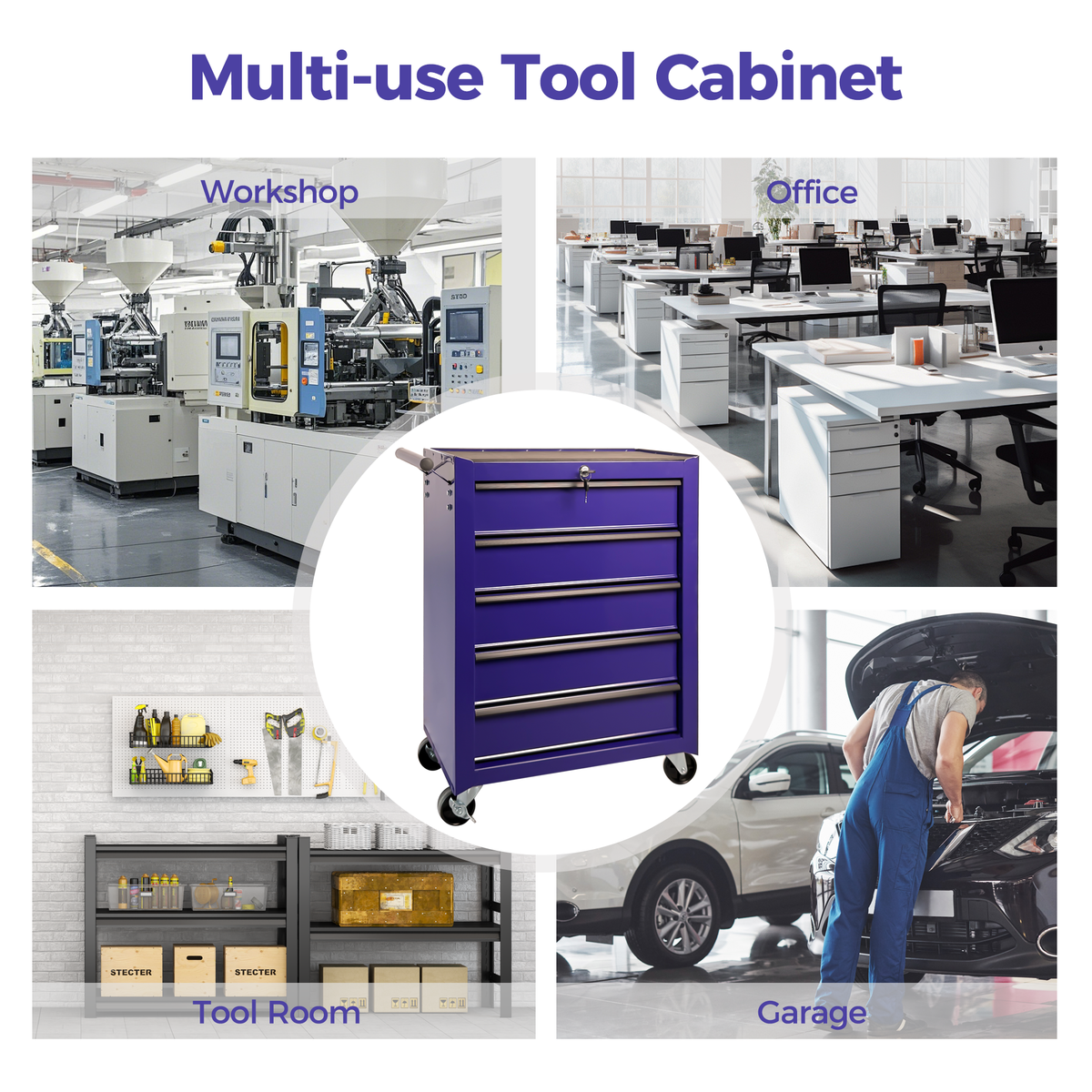 20-Inch Rolling Metal Tool Chest 5 Drawers Purple Steel Garage Cabinet - Detail View 5