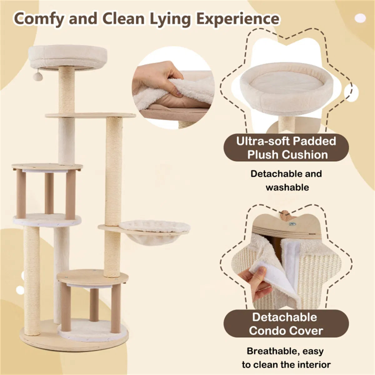 60 Inch Tall Wooden Cat Tree Multi Level Cat Tower with Sisal Scratching Posts - Image 5