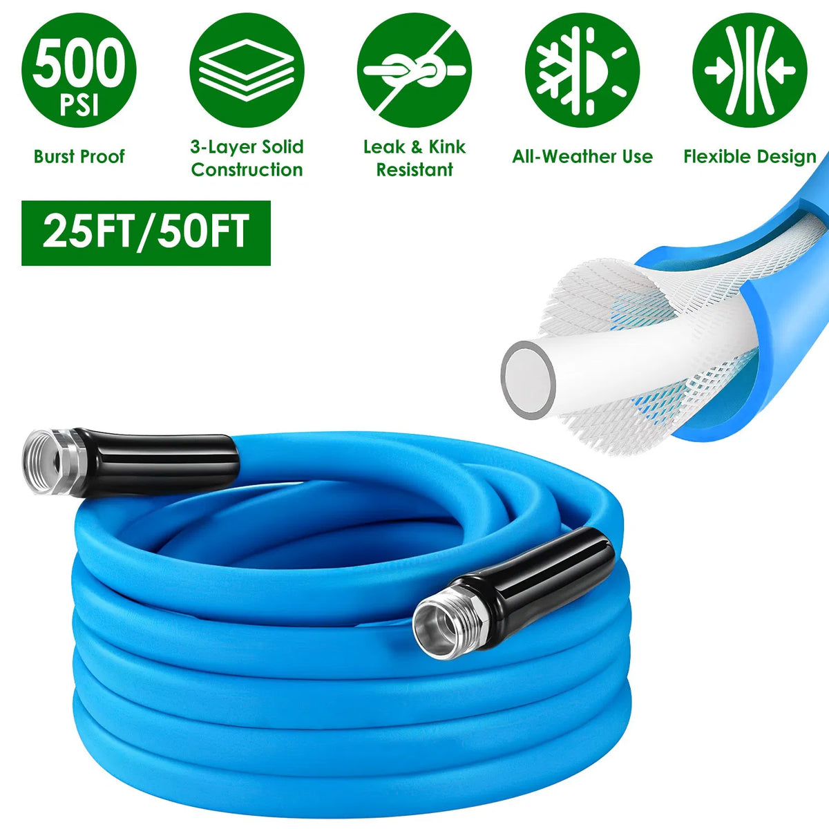 25FT/50FT 5/8" Non Expanding Flexible Garden Hose Heavy Duty PVC Water Hose - Image 5
