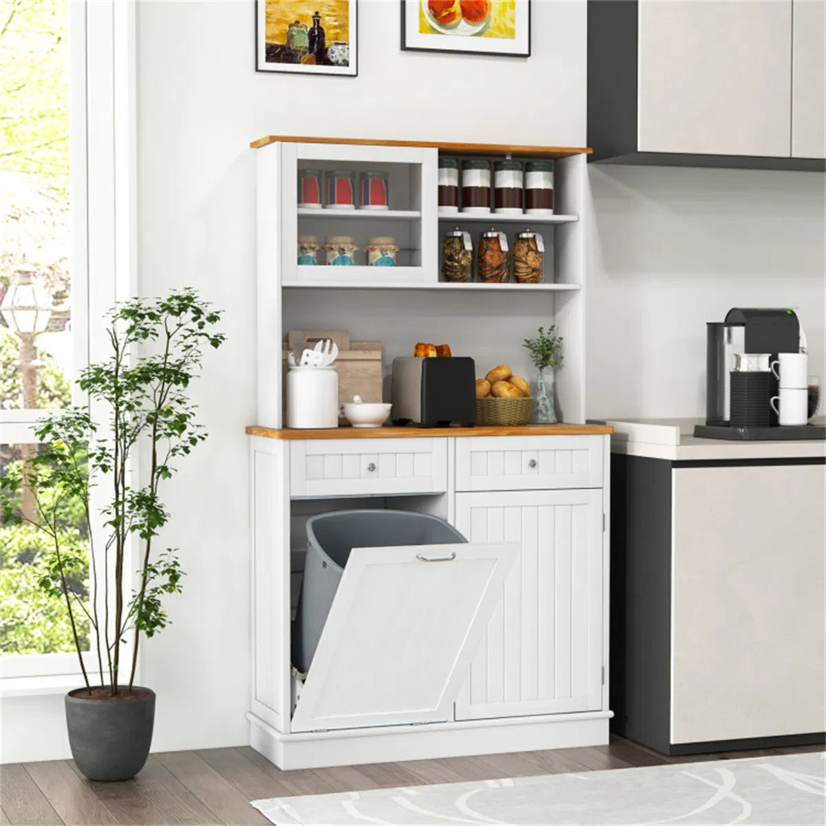 68 Inch Tilting Trash Cabinet with Hidden Trash Can & Multi Storage - Image 3