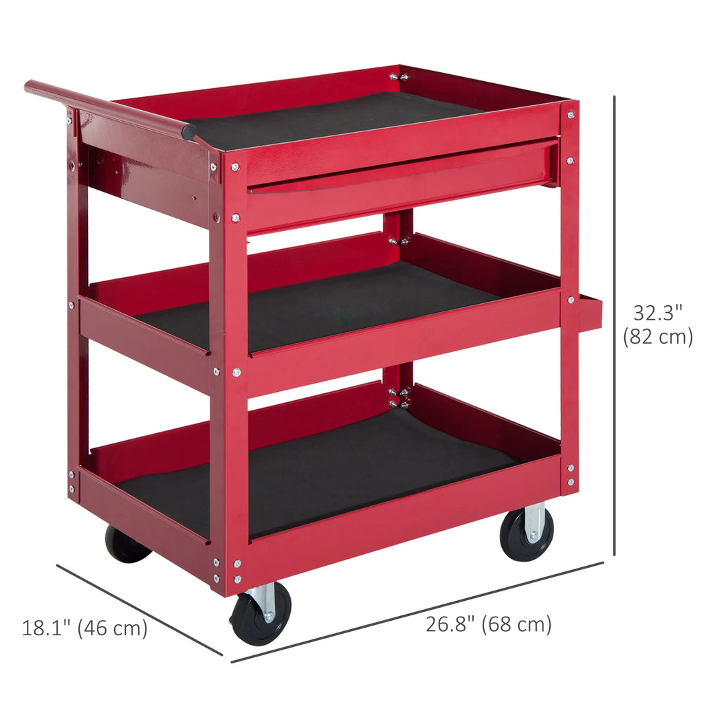 Tool Cart With 3 Tray 1 Drawer Storage Chest Garage Utility Red - Image 3
