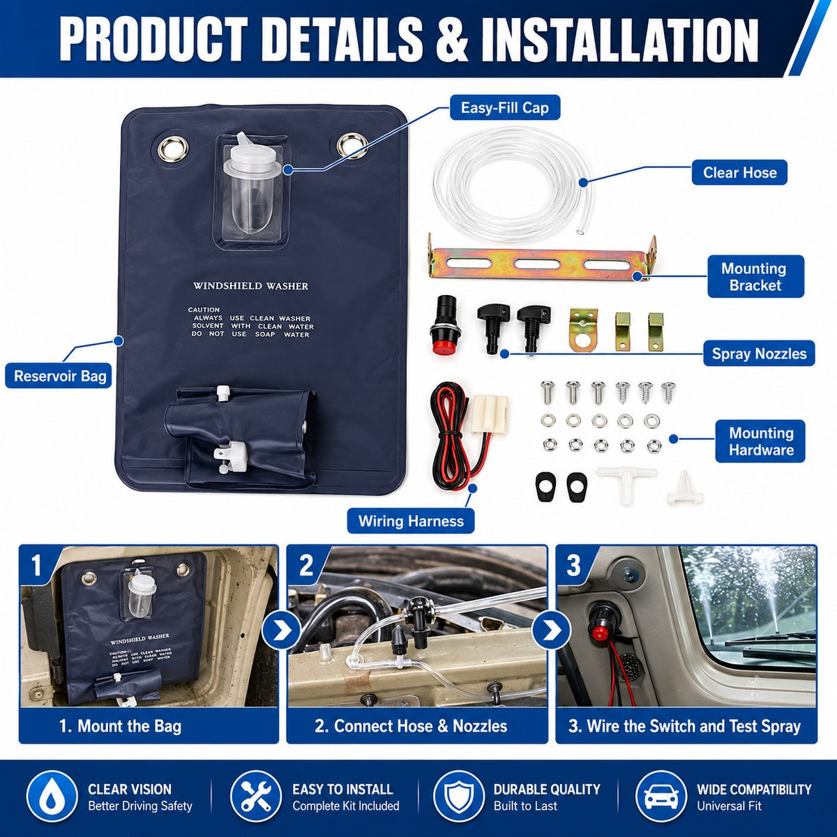 Universal Classic Car Windshield Washer Bag Kit 12V Complete Accessories - Image 4