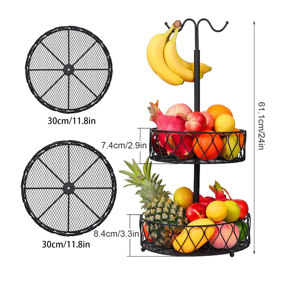 Fruit Basket With Banana Hanger Iron 2 Tier Detachable Countertop Storage - Image 5