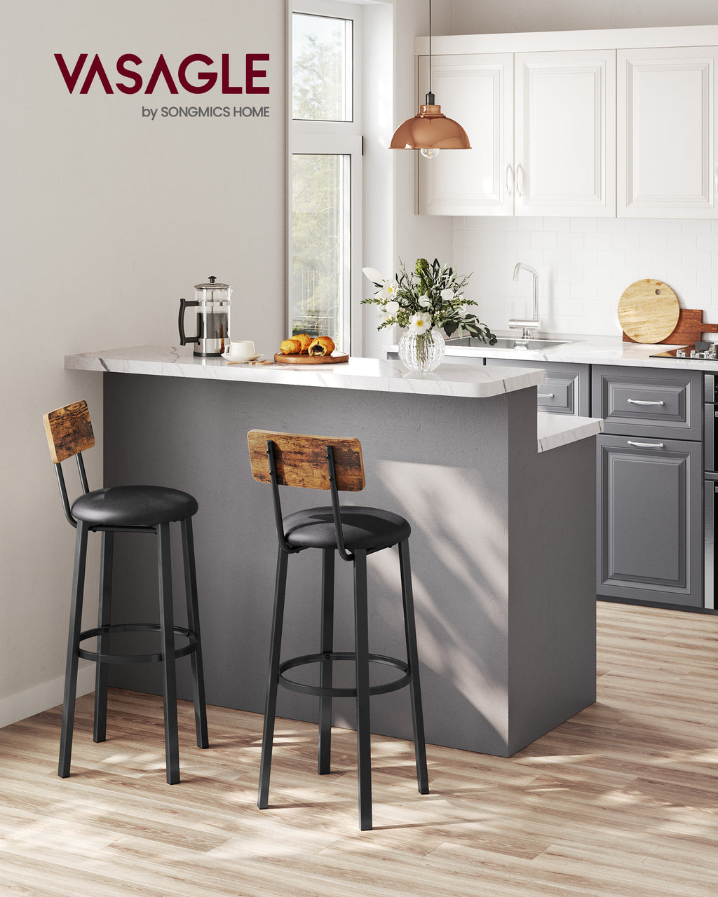 VASAGLE Bar Stools Set Of 2 Bar Stools PU Cover With Footrest Easy Assembly
