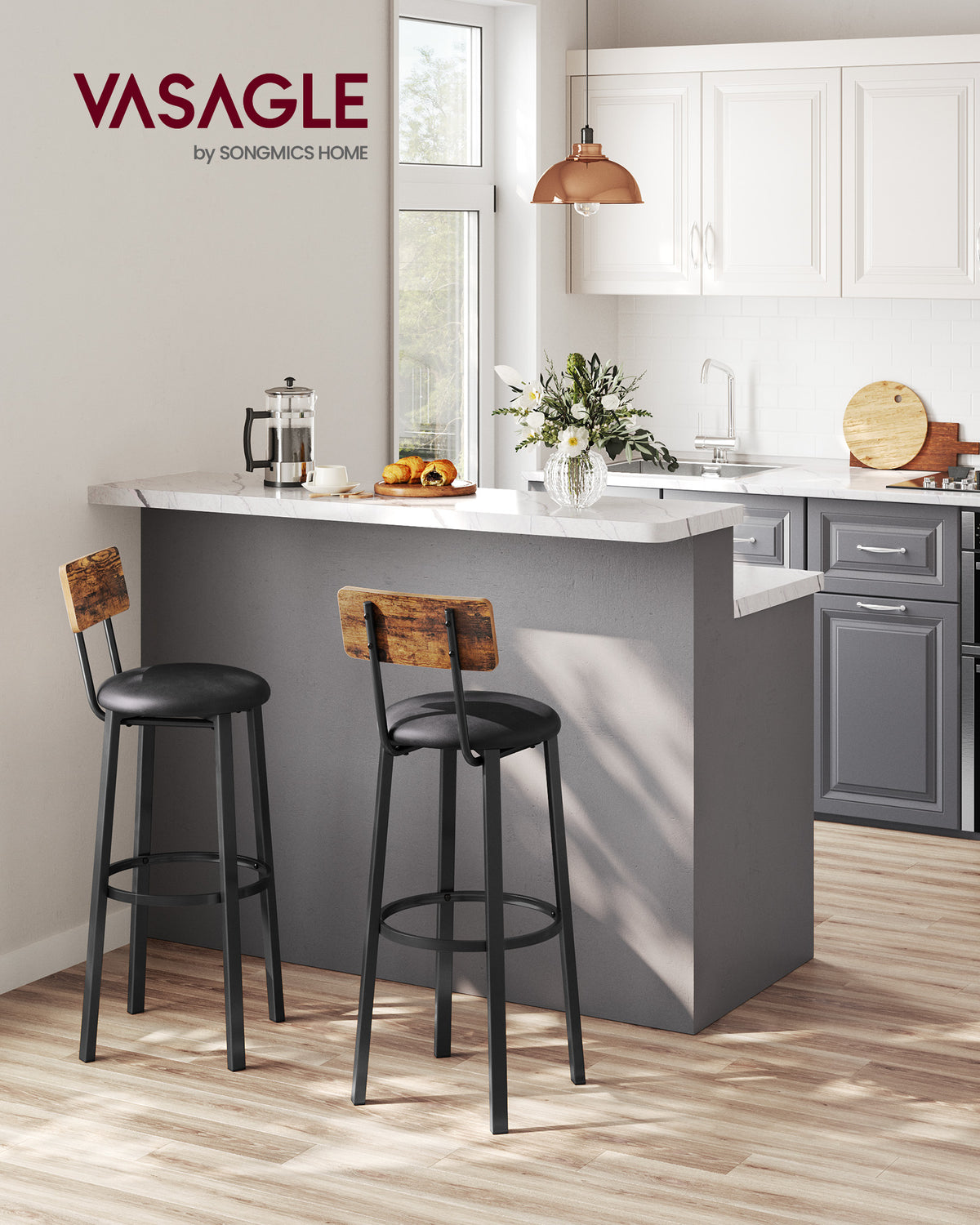 VASAGLE Bar Stools Set Of 2 Bar Stools PU Cover With Footrest Easy Assembly
