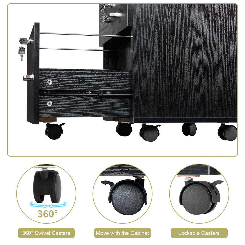 FCH Black Wood Grain Density Board Three Drawers Wooden Filing Cabinet