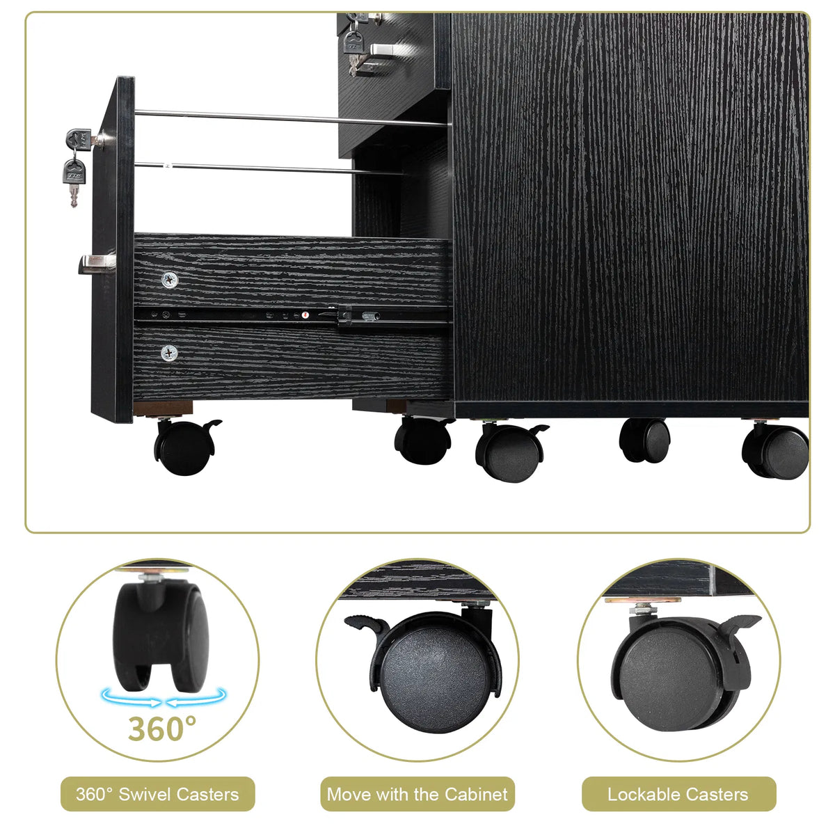 FCH Black Wood Grain Density Board Three Drawers Wooden Filing Cabinet