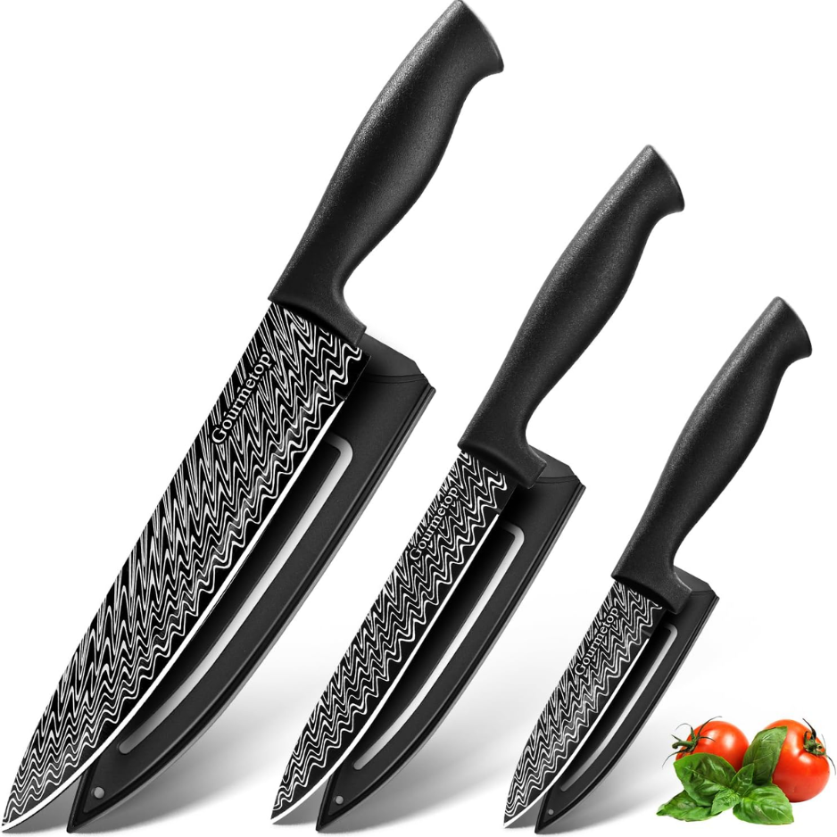 3 Piece Kitchen Knife Set With Blade Covers Black Damascus Pattern Nonstick - Image 4