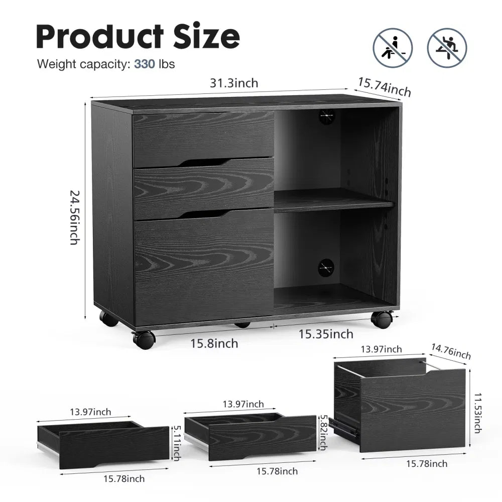 3 Drawer File Cabinet with Wheels Rolling Wood Printer Stand with - Image 3