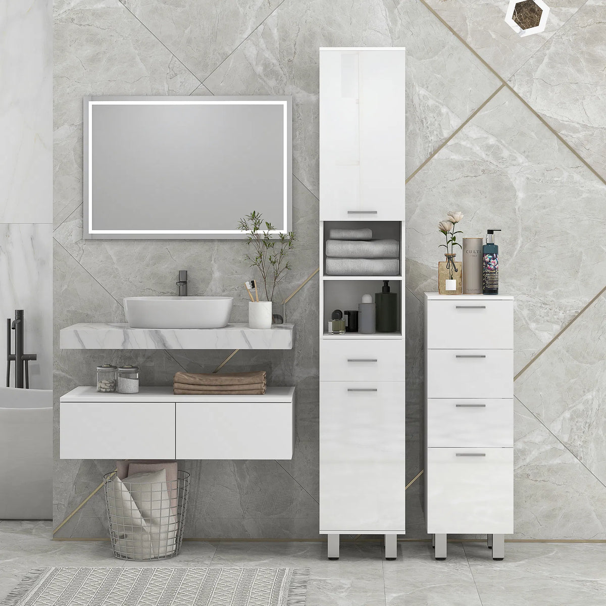71" Tall Bathroom Storage Cabinet Narrow Linen Tower with Drawer Open