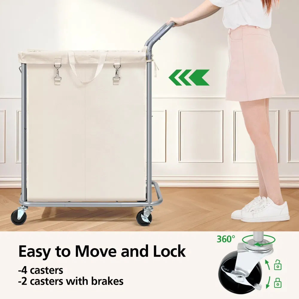Laundry Hamper With Wheels 140L Rolling Section Removable Liner Handles - Image 5