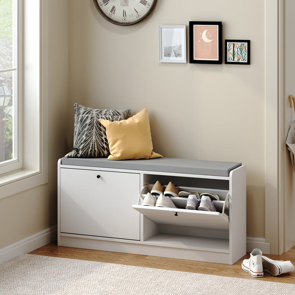 White Shoe Storage Bench with Cushion