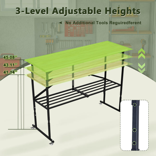 Foldable Hardwood Workbench with Adjustable Wood Top and Locking Casters - In-Use and Feature Display