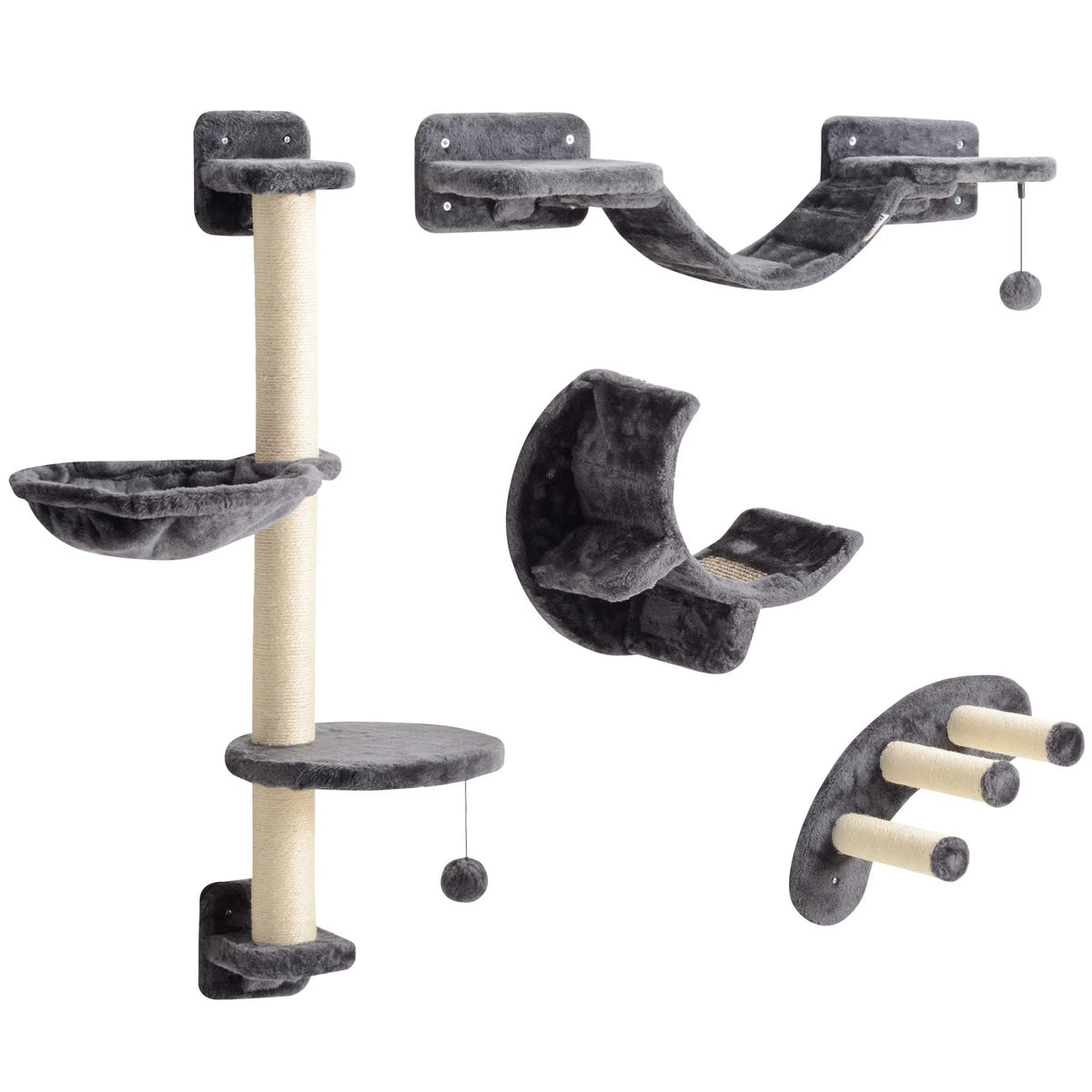 Cat Wall Shelf with Scratching Post Play Balls Platforms Dark Grey