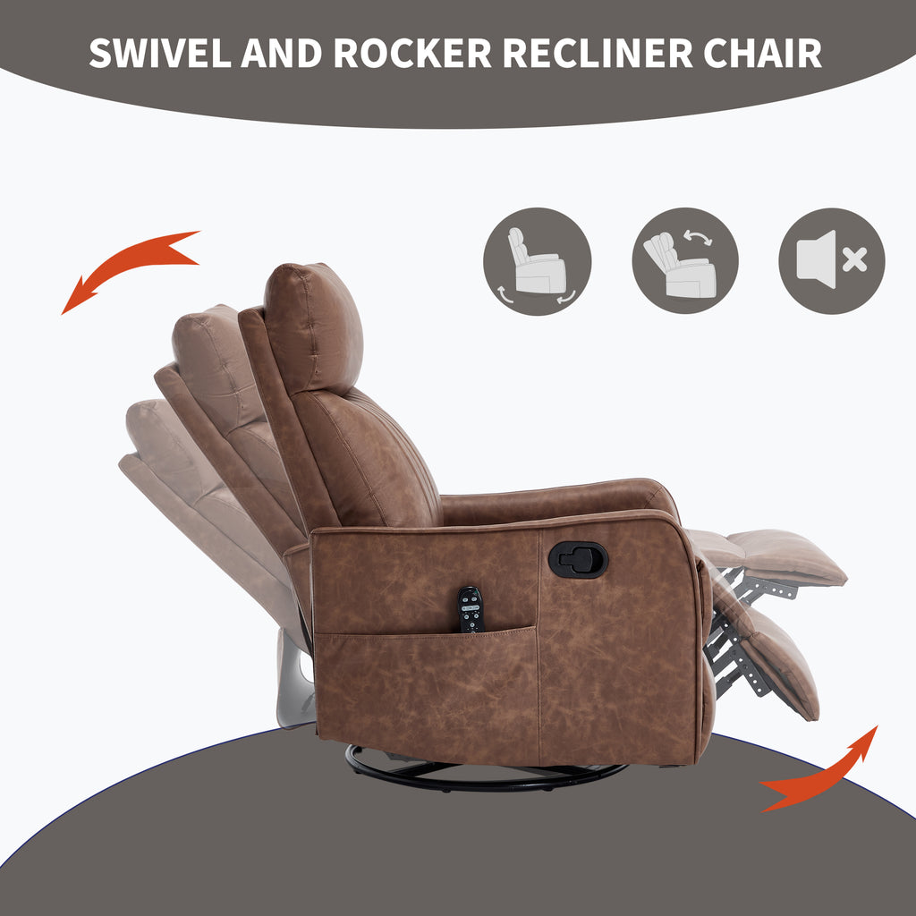 Brown Heat Massage Manual Recliner Chair with Rocker and Swivel in Faux Leather - Image 2