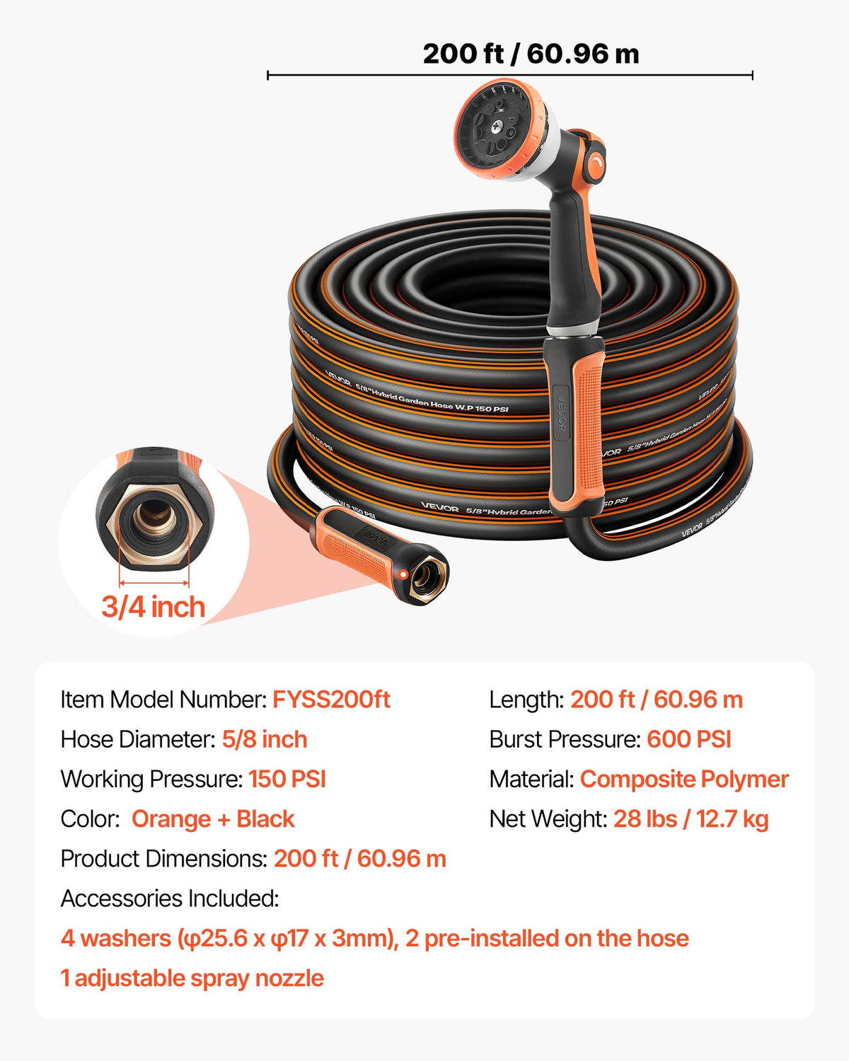 Garden Hose 200 Ft 5 8' Heavy Duty Rubber Water Hose With 10 Mode Nozzle - Image 3