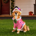 Christmas Golden Retriever Statue Holiday Dog Figurine in Pink Santa Outfit