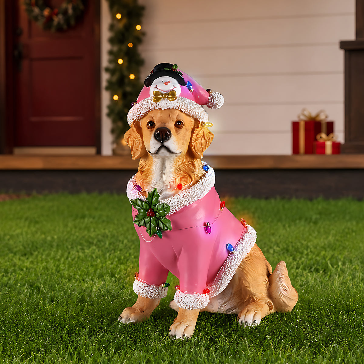 Christmas Golden Retriever Statue Holiday Dog Figurine in Pink Santa Outfit
