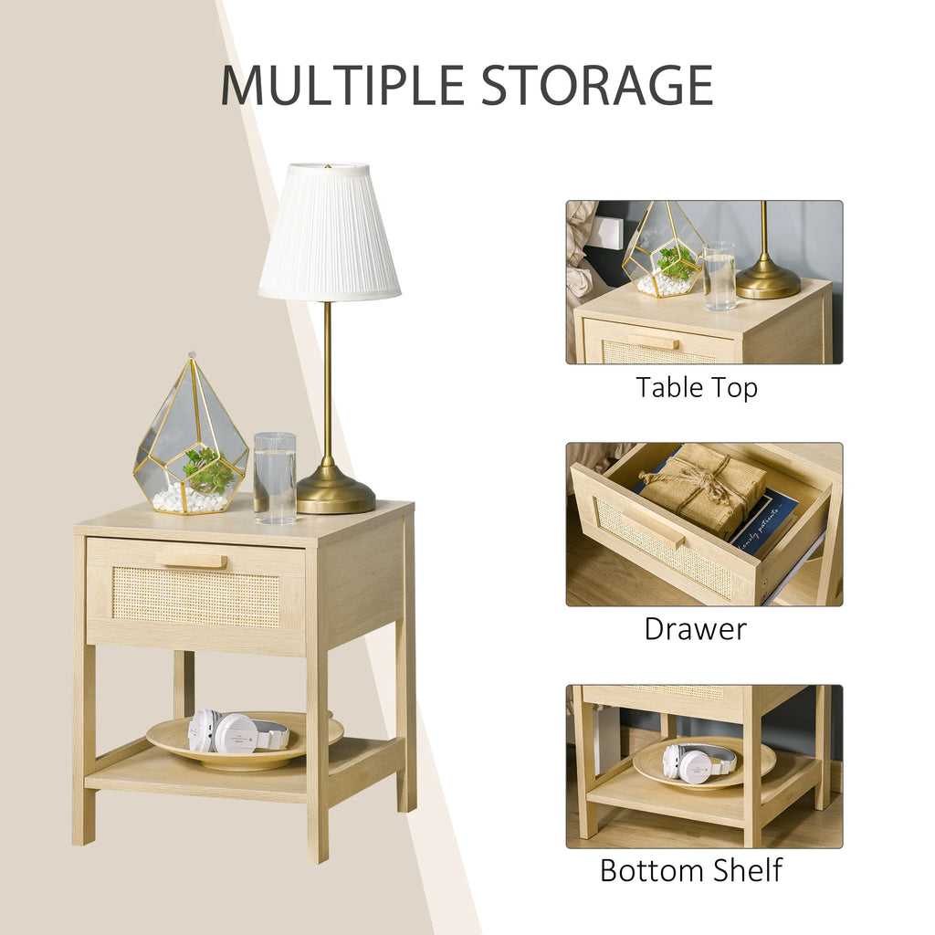 Narrow Nightstand with Rattan Elements Bedside Table with Drawer and Storage - Image 4