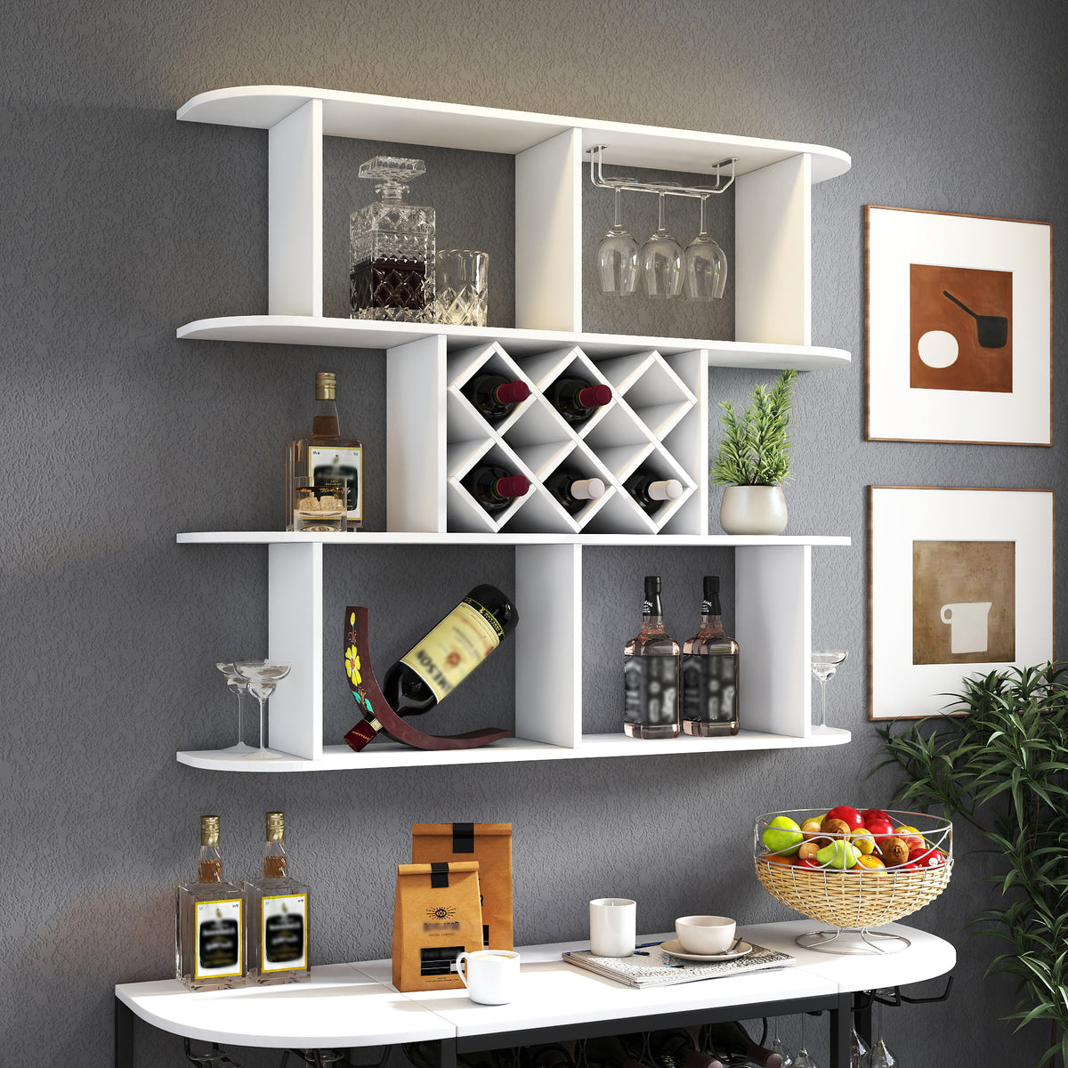 Large Wall Mounted 3 Tier Rustic Bottle Wine Rack Wooden Storage With Glass