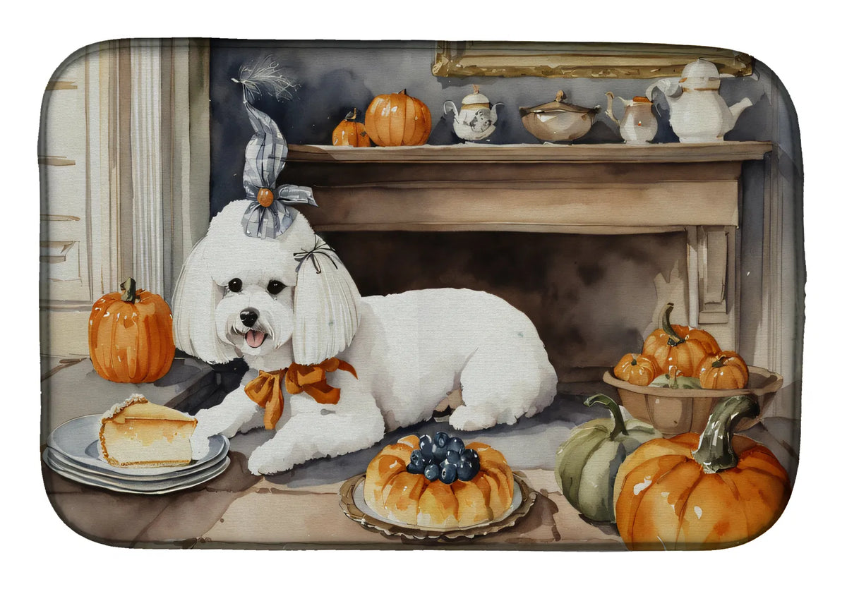 Bichon Frise Fall Kitchen Pumpkins Dish Drying Mat Absorbent Dish Drying Mat