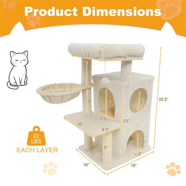 Beige 33.5" Multi Level Cat Tree With 2 Tier Condo Sisal Scratching Posts & - Image 5