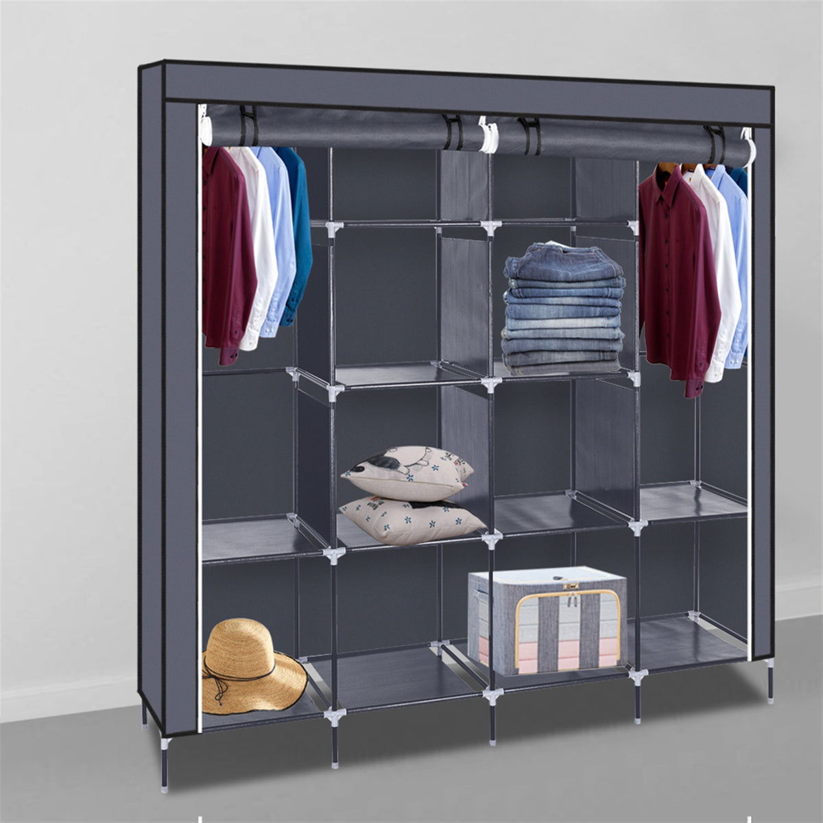 67 Inch Clothes Closet Portable Wardrobe Clothes Storage Rack 12 Shelves 4 - Side Profile and Dimensions