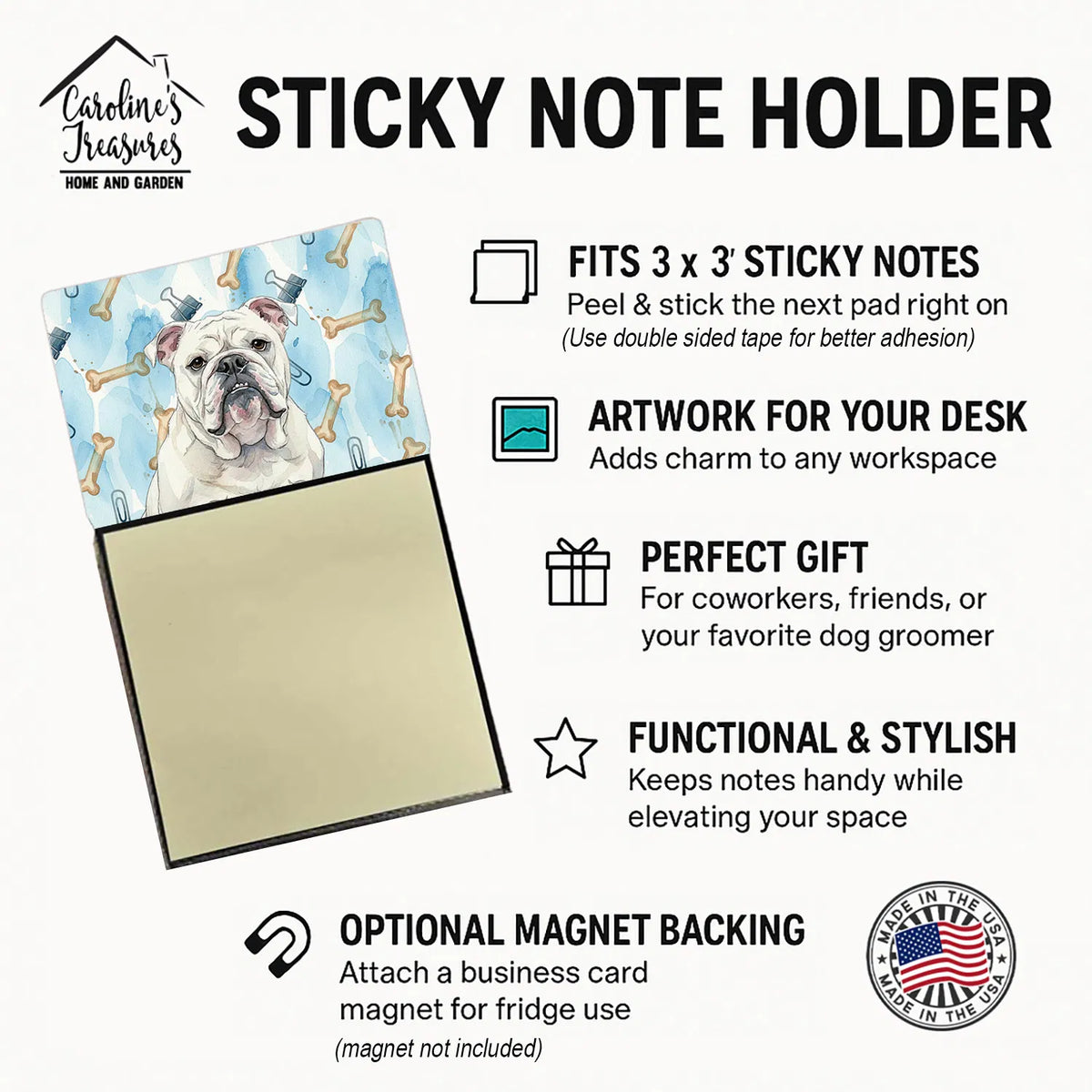 White English Bulldog Coworker Watercolor Sticky Note Holder Refillable - Image 5