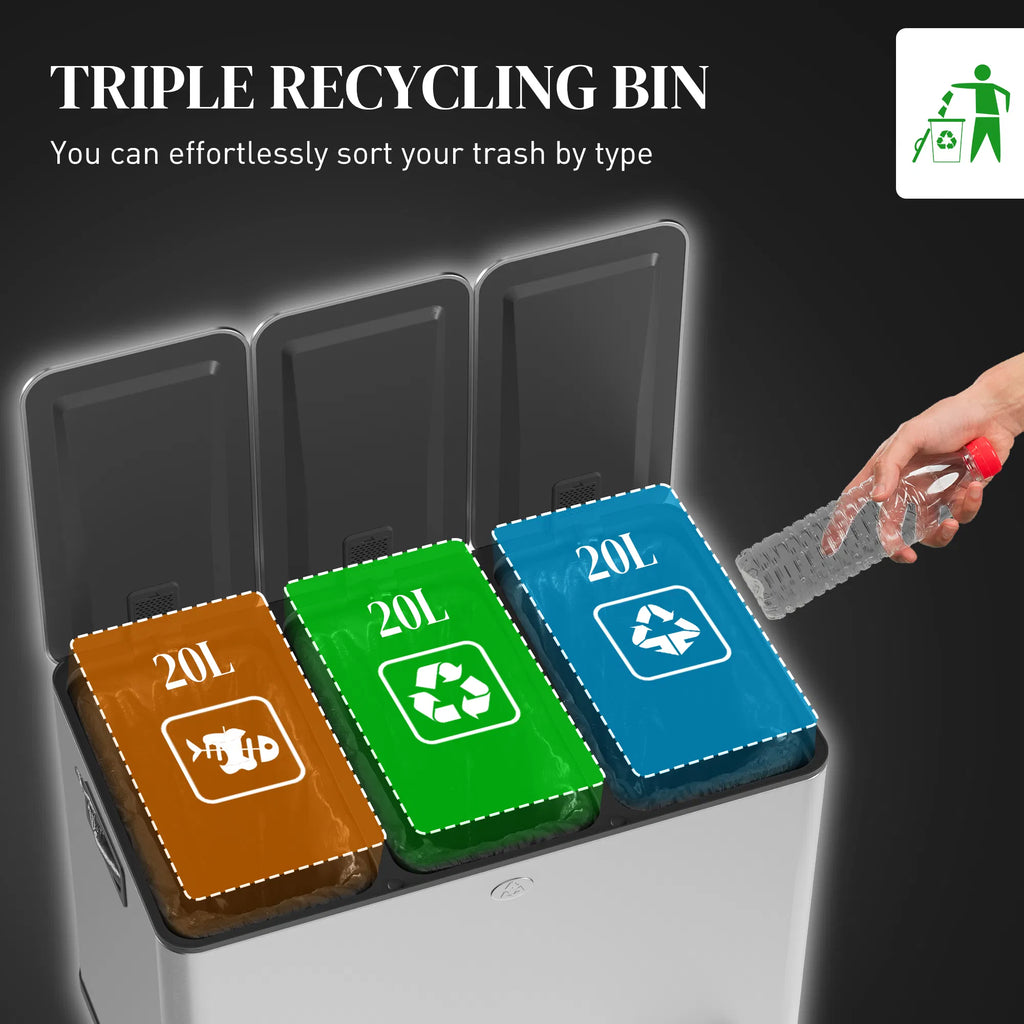 Triple Garbage Bin Soft Close Trash Can with Foot Pedal 3 x 20 Liter Garbage - Image 2