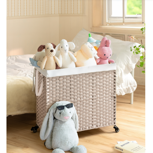 160L Gray Rattan Laundry Hamper with Wheels