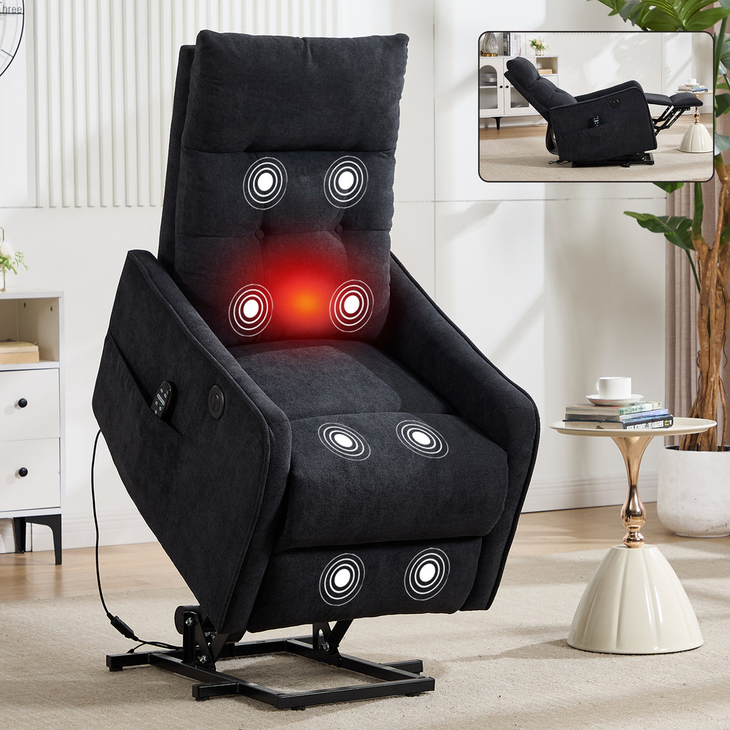 Black Chenille Single Motor Power Lift Recliner Chair with Massage and Heat for - Image 3