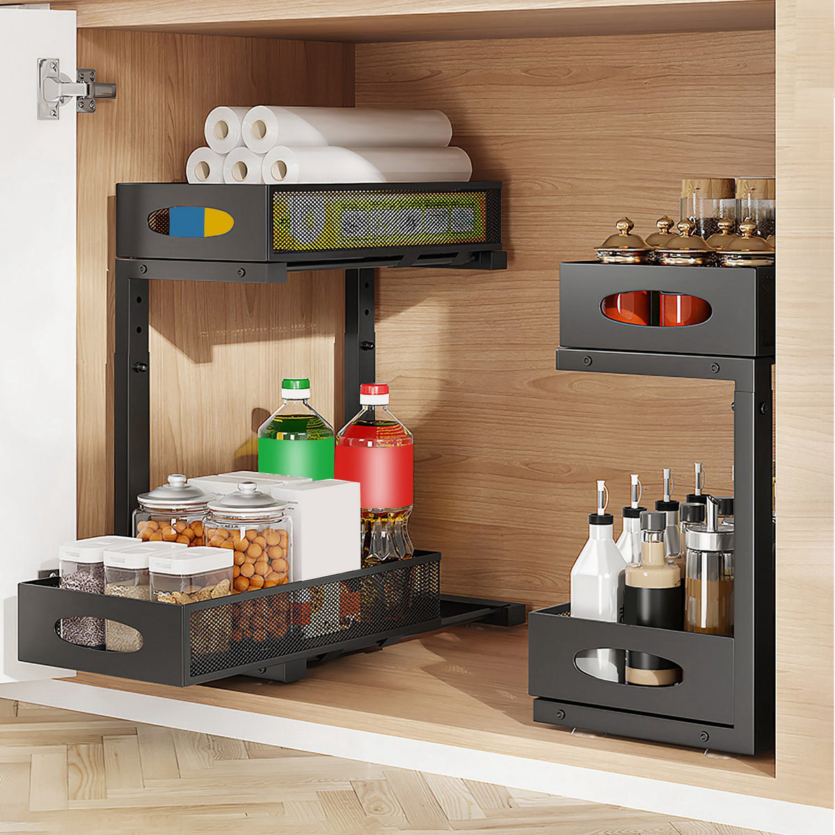 2pcs under sink organizer tier packaging and components
